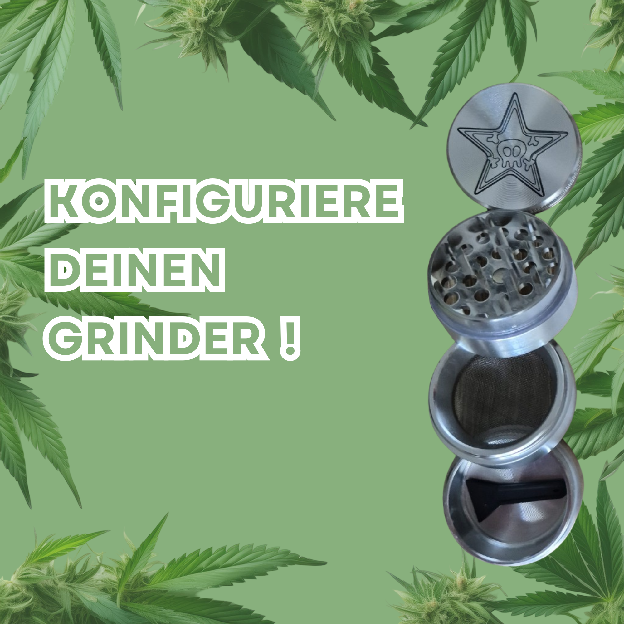 Silberner Edelstahl Grinder mit Gravur personalisiert auf grünem Hintergrund mit Weed Blüten und Blättern