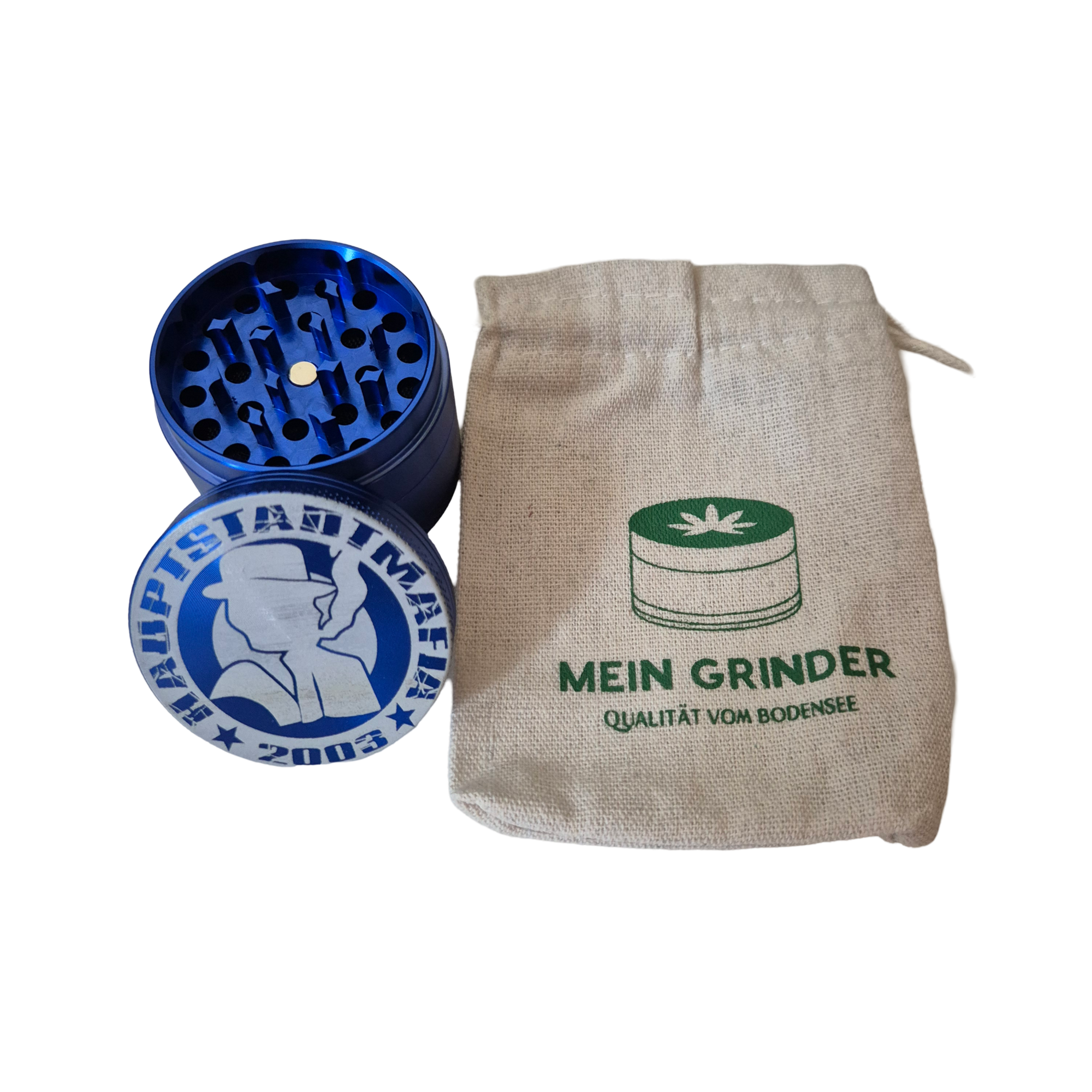 Blauer Aluminium Grinder mit Gravur