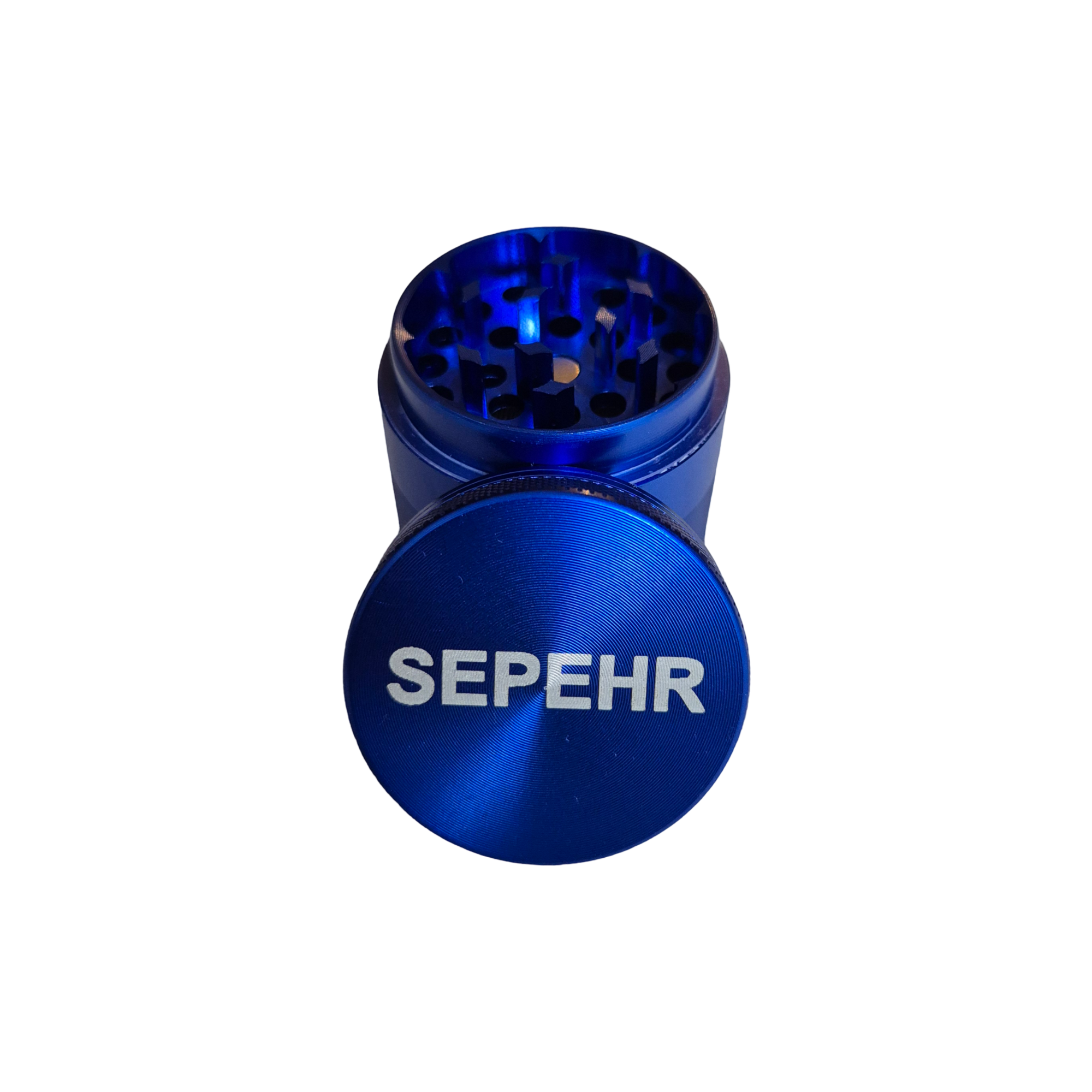 Blauer Metall Grinder mit Gravur