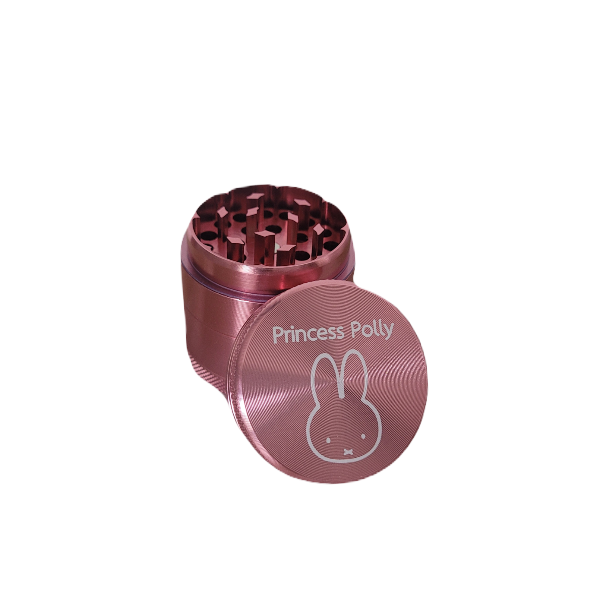 Pinker Grinder mit Gravur Princess Polly und Bunny auf einem Säckchen aus Baumwolle