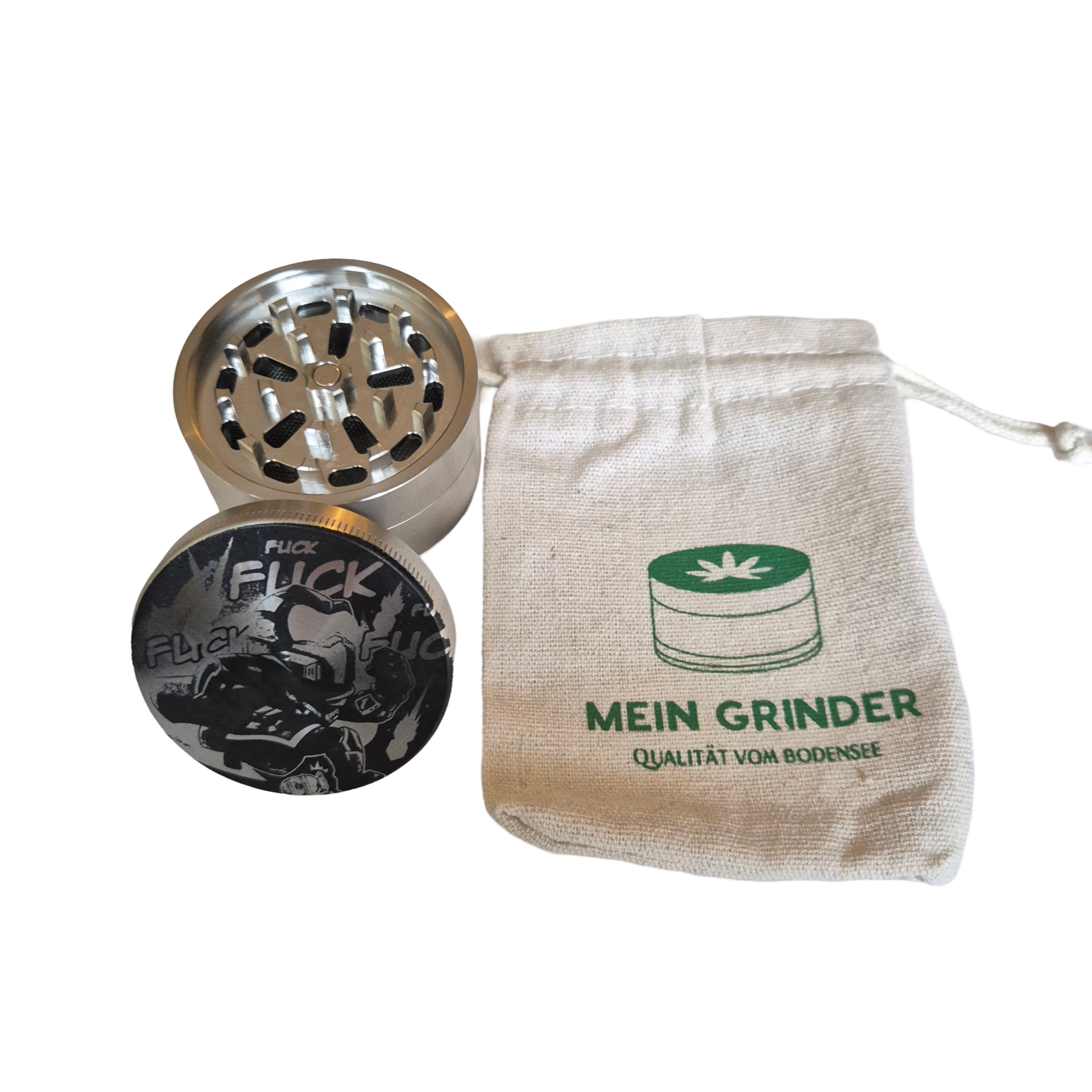 Gravierter Grinder aus Edelstahl mit Baumwoll Säckchen