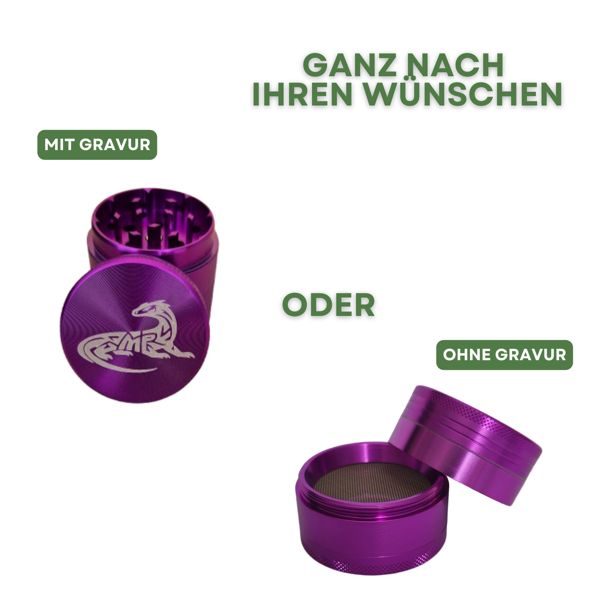Lila Grinder mit hochwertigem Motiv und ohne Gravur nach Kunden Wunsch