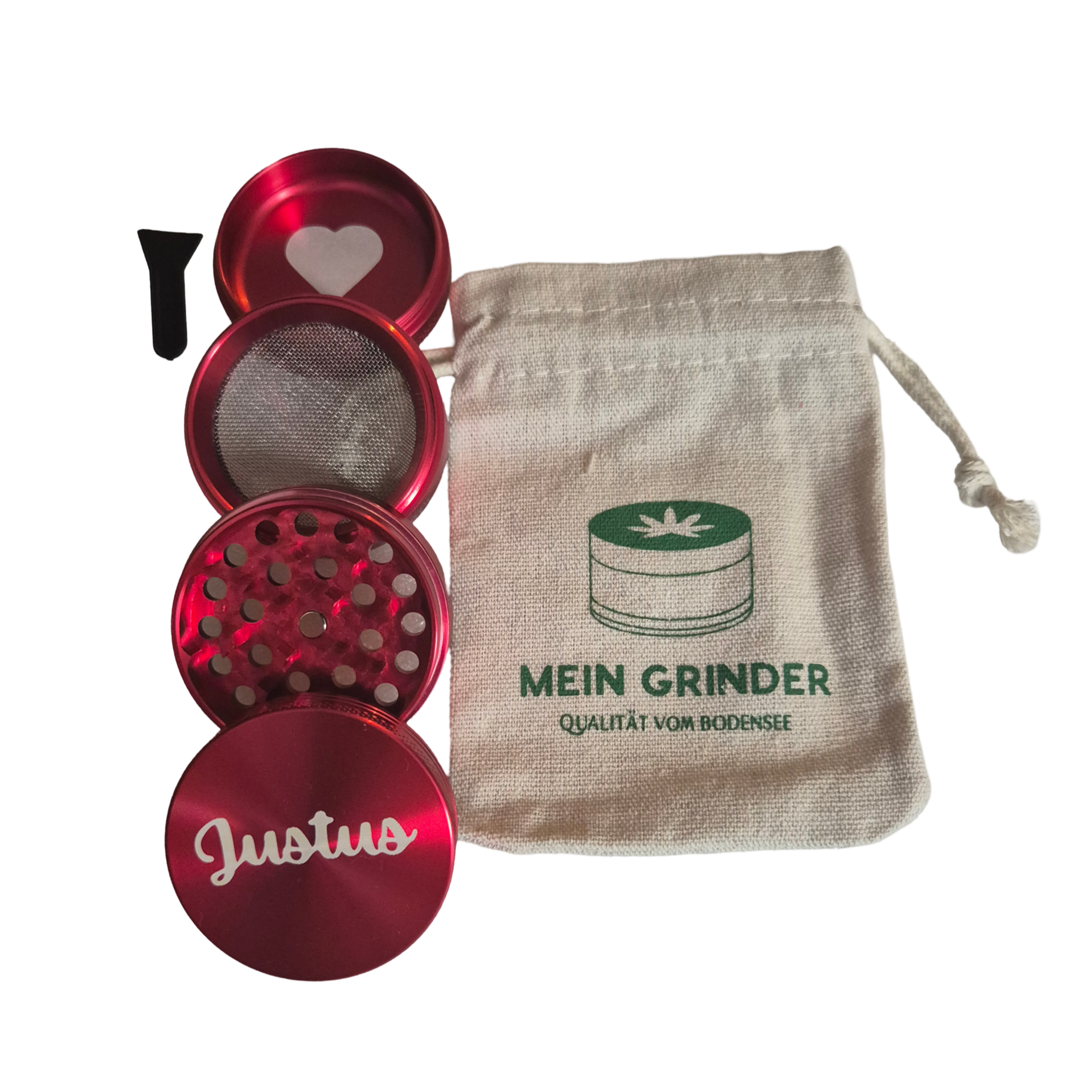 Roter Mini Grinder mit personalisierter Gravur mit Herz und Namensschriftzug