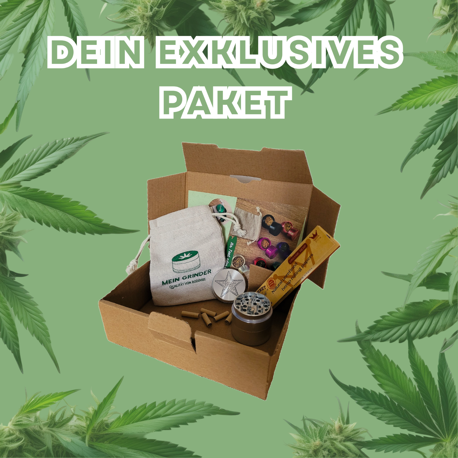 Selbst gestalteter Edelstahl Grinder mit kostenlosem Zubehör wie Papes, Baumwollsäckchen und Filtern wird in einem Kiffer Box Set gezeigt auf grünem Hintergrund mit Hanf Blättern