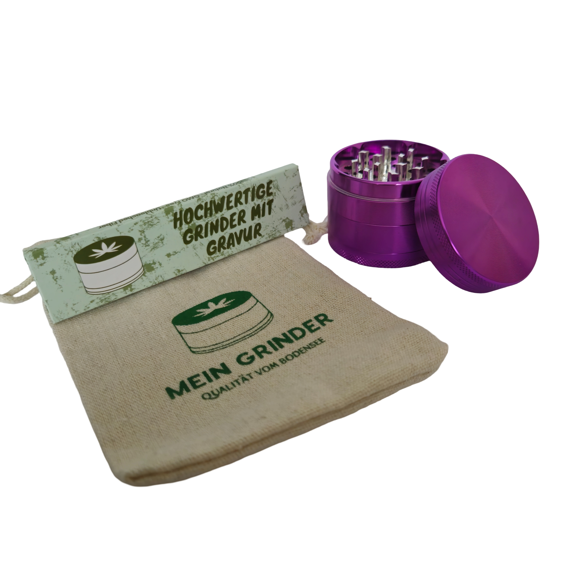 Lila Grinder als Kiffer Geschenk Box mit Rolling Papes und Baumwoll Sack