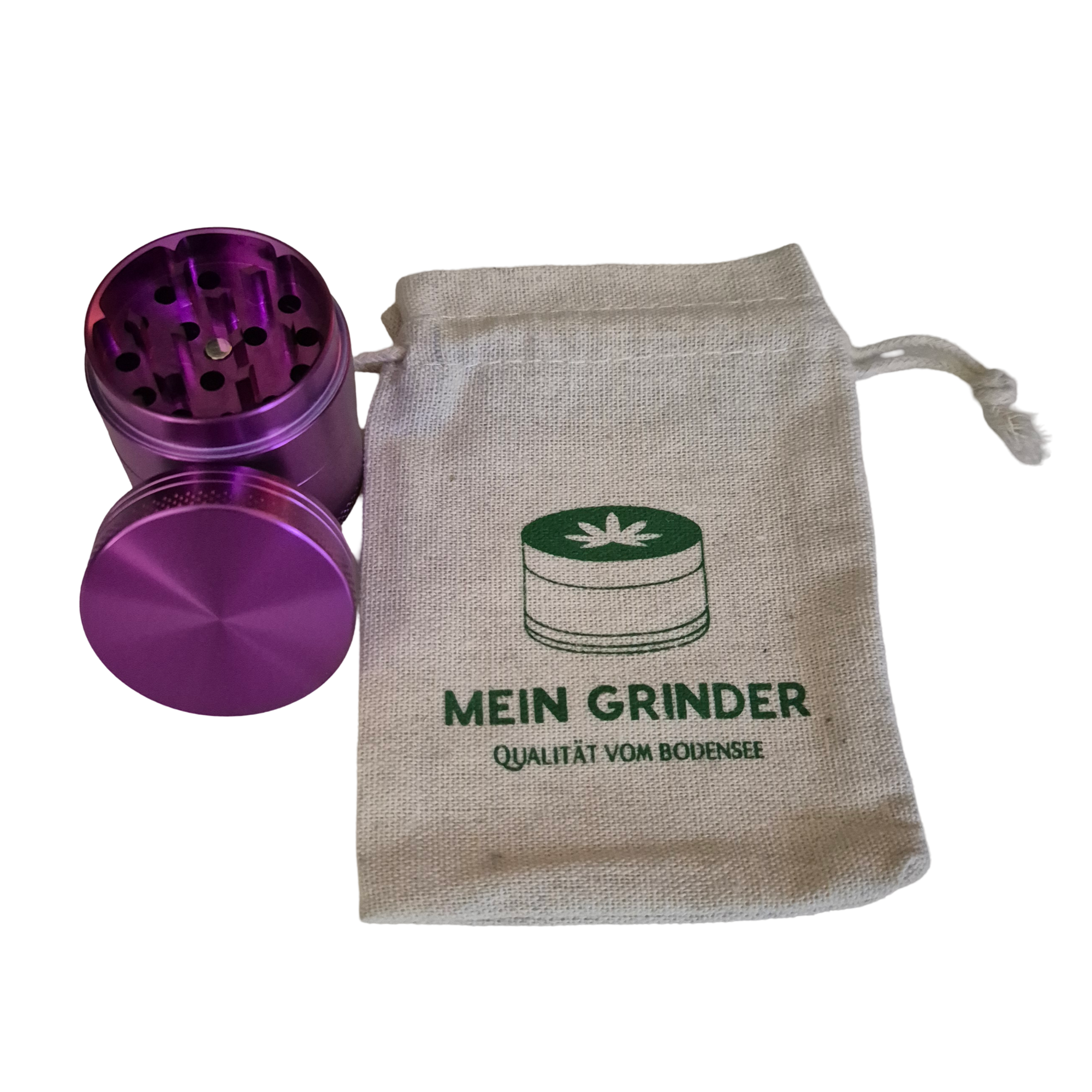 Lila Grinder neben Baumwollsäckchen als perfektes Kiffergeschenk