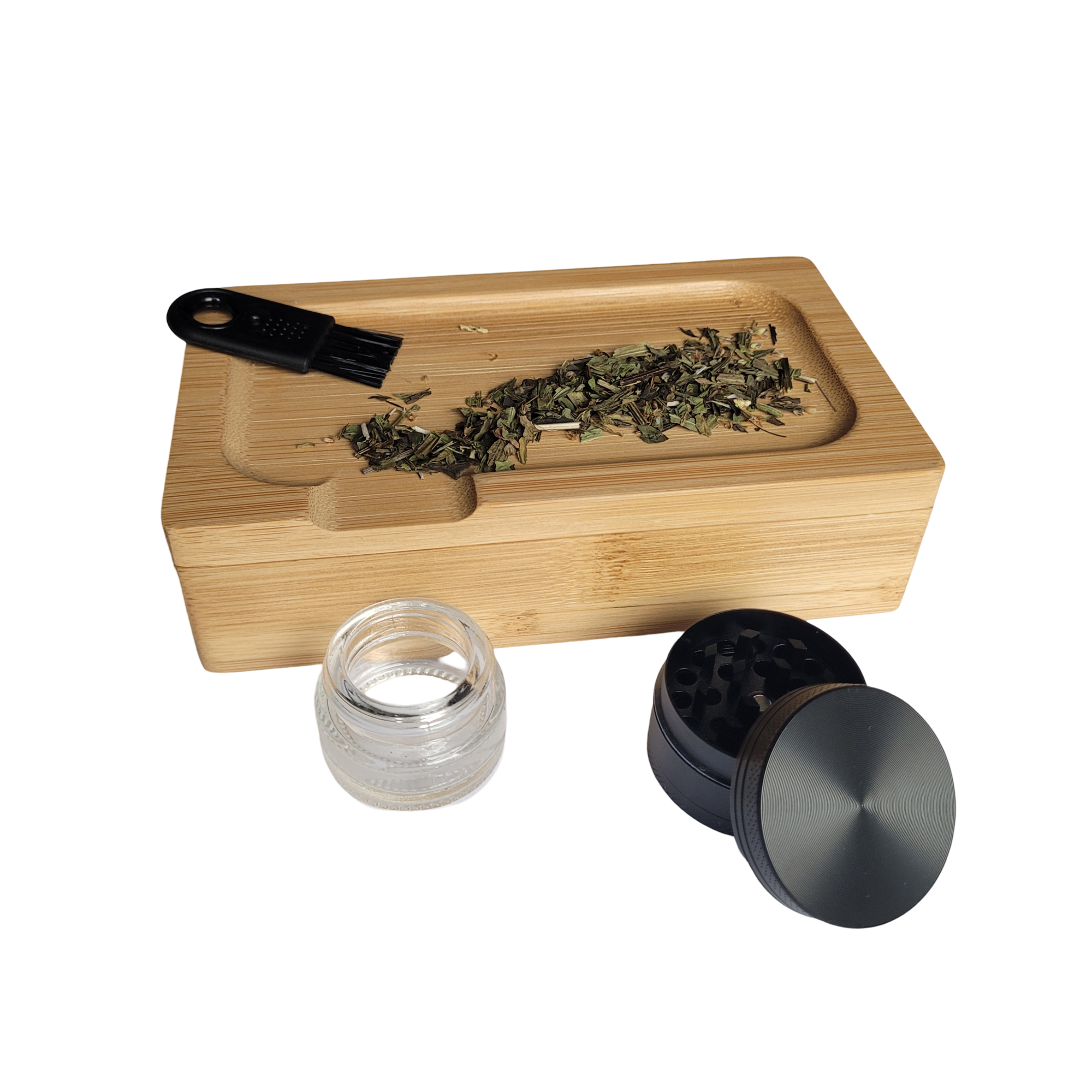 Stashbox mit Drehunterlage auf dem Deckel im Kiffer Set mit Grinder, Jar, Bürste und Longpapes