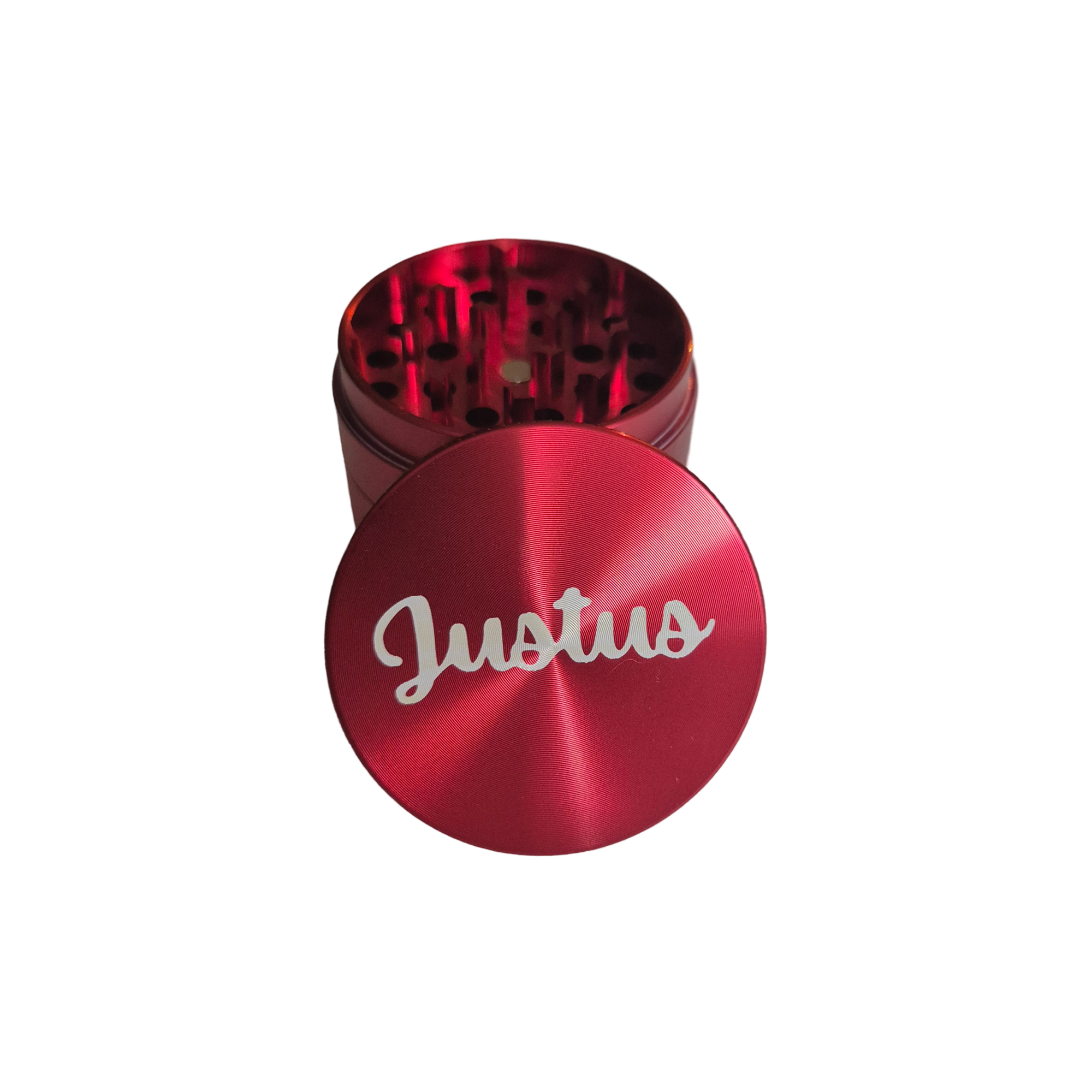 Roter Aluminium Grinder mit Gravur Justus