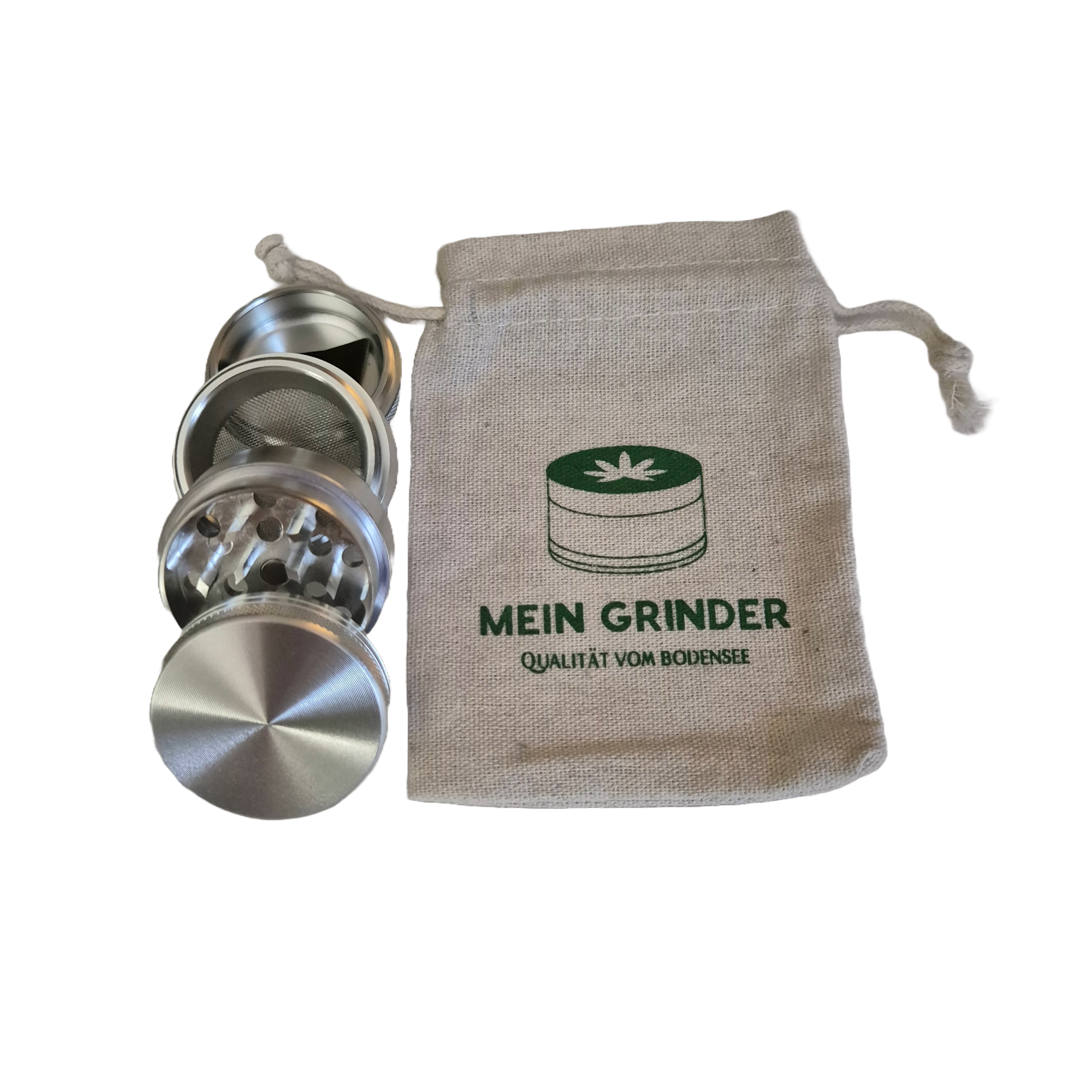 Hochwertiger Grinder aus 4 Teilen mit Baumwollsack als Kiffer Set