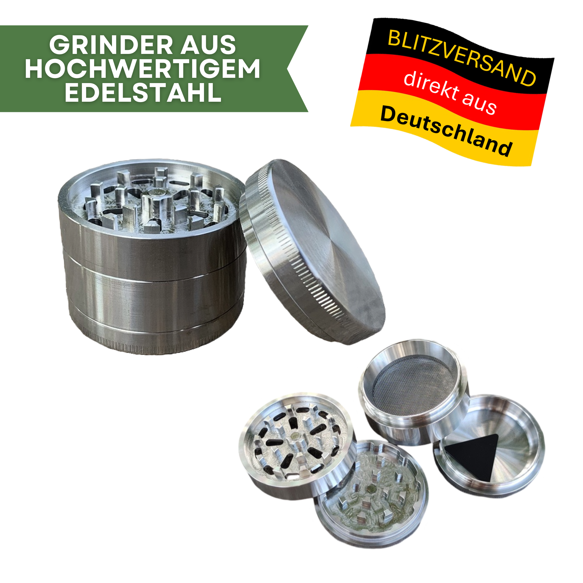 Hochwertiger Edelstahl Grinder und eine Deutschland Flagge mit der Info Blitzversand direkt aus Deutschland