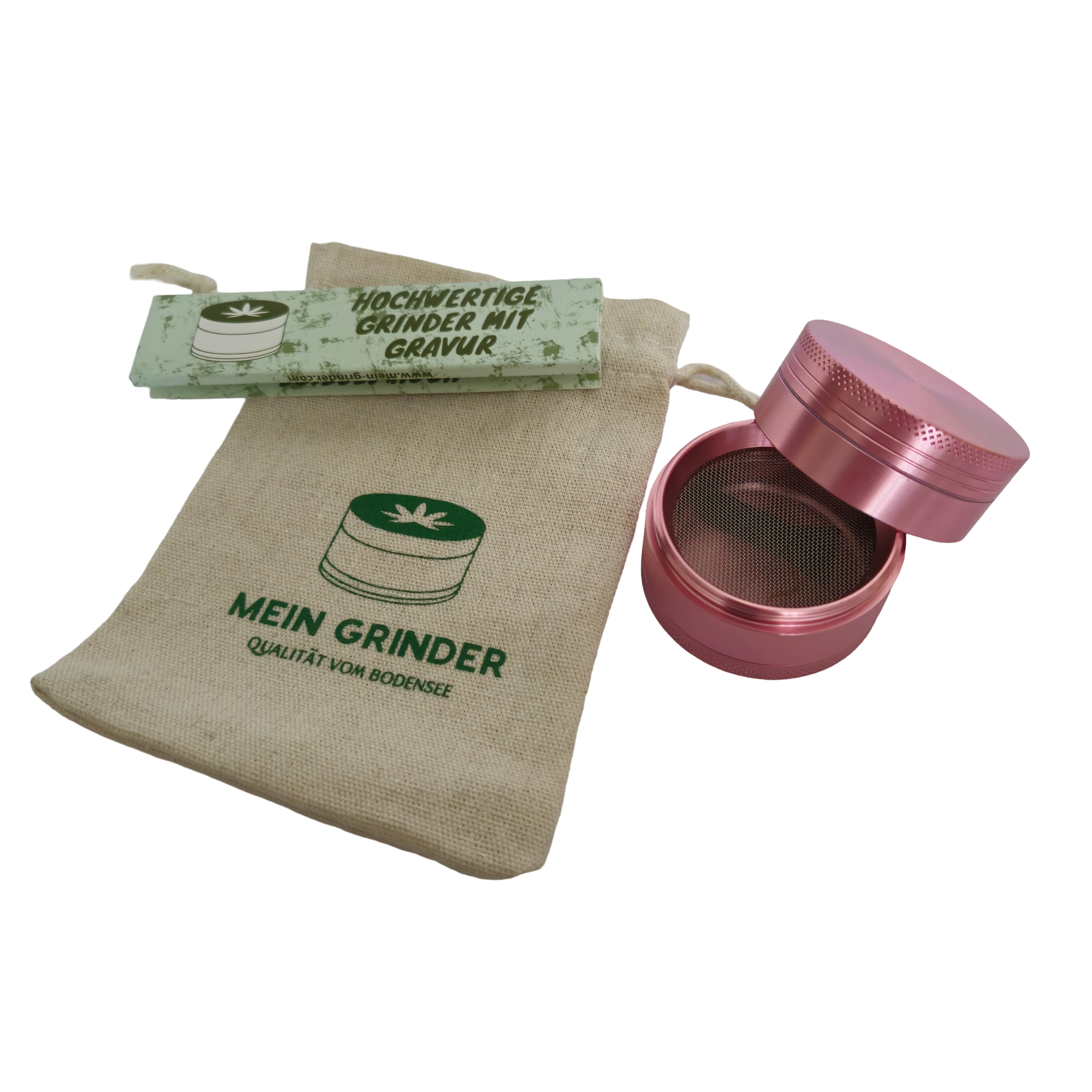 Rosa Grinder mit Papes und Baumwollsack als Zubehör