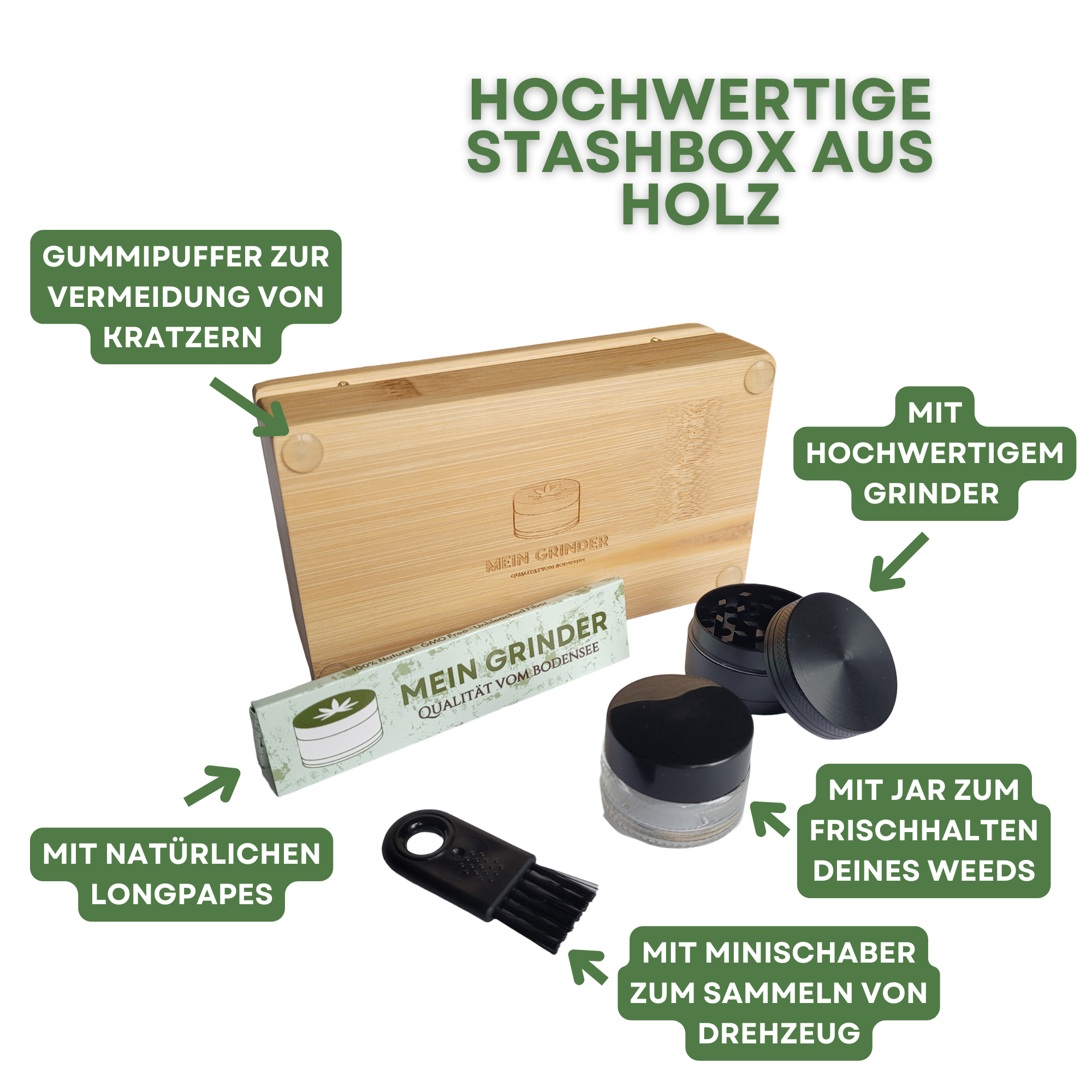 Kleine Stashbox im Kiffer Box Set mit Grinder, Aufbewahrungsglas, Minischaber und Rolling Papes