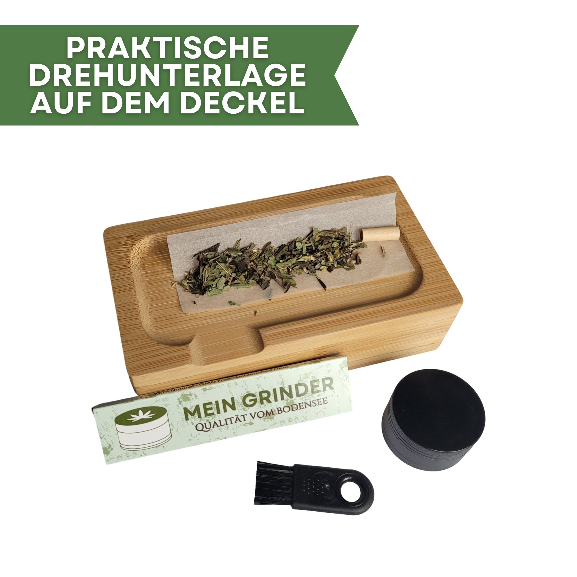 Mobile Stashbox mit Drehunterlage auf dem Deckel im Kiffer Set mit Grinder, Aufbewahrungsglas, Bürste und Longpapes