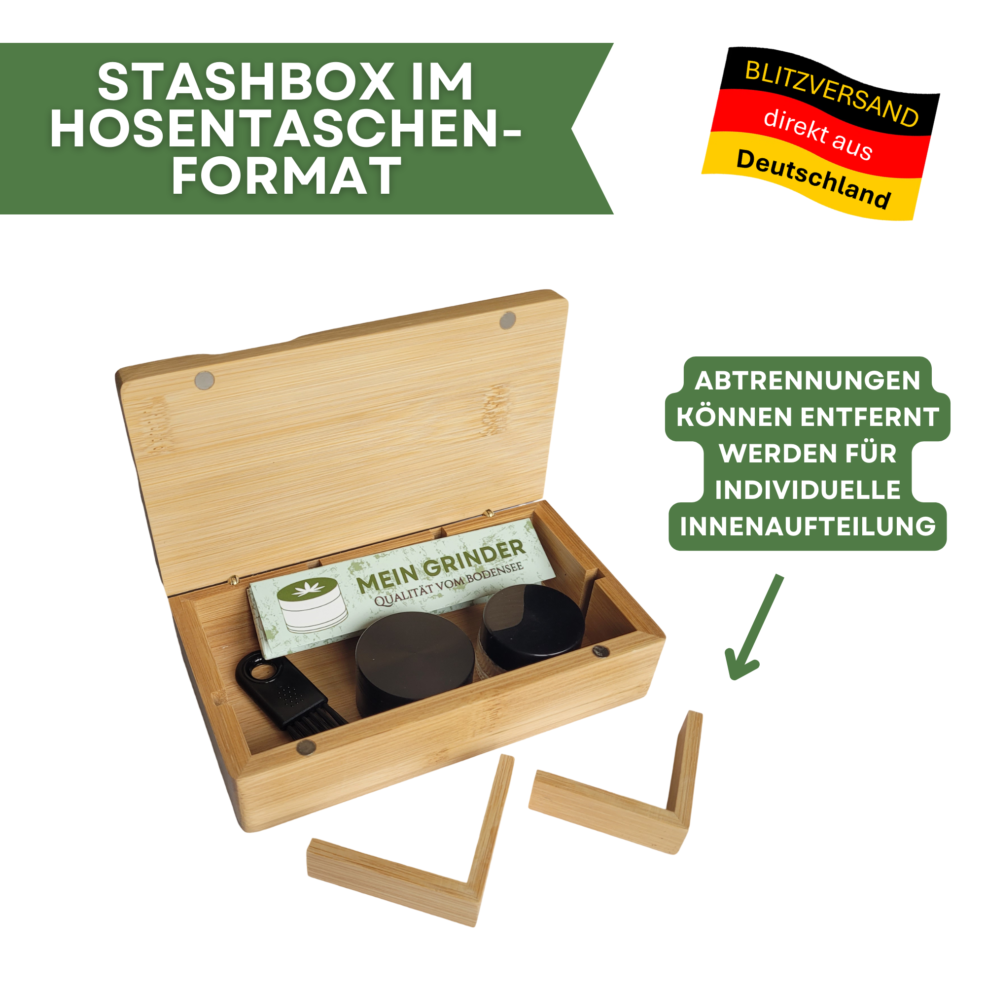 Mobile Stashbox aus Holz im Hosentaschenformat mit individueller Innenaufteilung